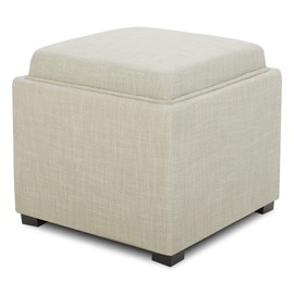 CHITA Storage Ottoman Cube with Tray,Footrest Stool Seat Serve as Side Table, Fabric in Linen