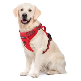 Funfox Dog Harness No Pull, Adjustable Pet Vest Harness, Super Soft Material with Vertical Handle Easy Control, Reflective Night Walking, 2 Leash Clips for Large Dogs, Red, L