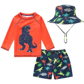 Toddlers and Baby Boys' 3-Piece Swimsuit Trunk and Rashguard Sun Hat Set (3-4 T,Orange Dinosaur)