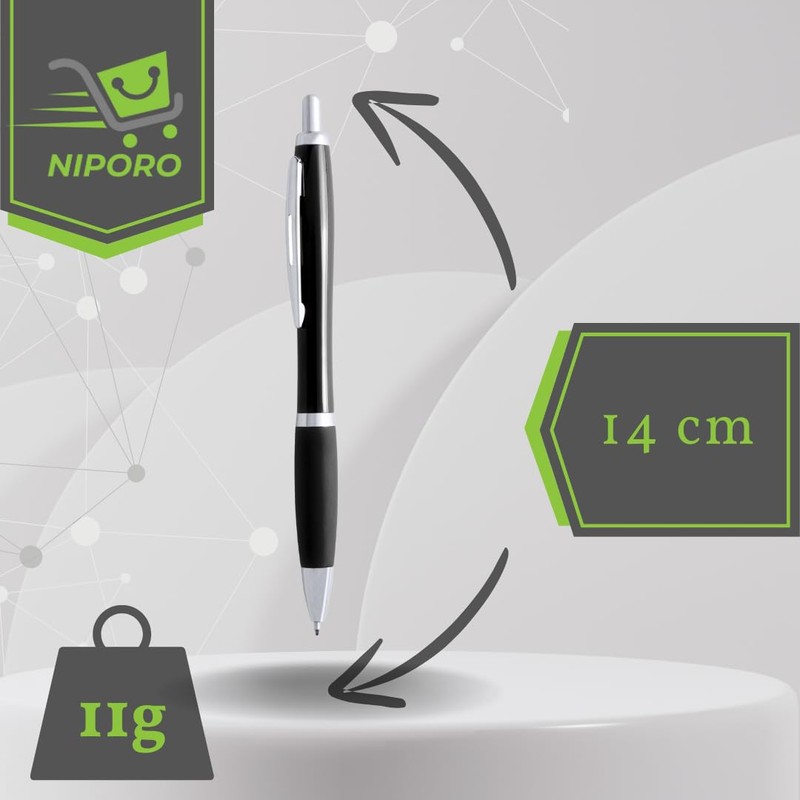 NIPORO 50 Ballpoint Pens Black Ergonomic with Blue Refill and