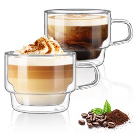 glastal 12 oz Latte Macchiato Glasses, Double-Walled Coffee Glasses, Set of 2, Glass Stackable Coffee Cups, Tea Glasses with Handle for Cappuccino, Tea, Milk, Gifts for Women Friends New Home Gift