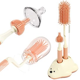Cepillos de Limpieza para Botellas, Kit de Cepillos para Biberón, Incluye Cepillo de Silicona para Biberones, Estante de Secado, Cepillo para Pezones, Cepillo Limpiador de Pajitas (Rosa)