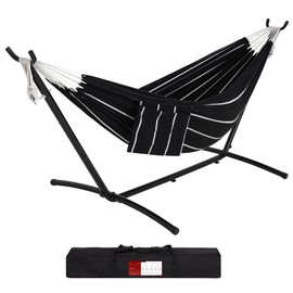 Prime Garden Hammock with Stand for Outside, Heavy Duty Space Saving Steel Stand with 450 lb Capacity,Double Hammock with Portable Carrying Bag, Hamacas para Adultos for Outdoors, Black