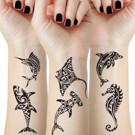 12 Sheets Temporary Tattoos for Men and Adults, Maori Stingray, Shark, Whale, Seahorse, Polynesian Tattoo Motifs, Hawaiian Fake Tattoos for Neck, Arms, Hands, Legs
