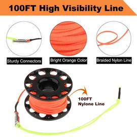 100FT Scuba Diving Reel Large Scuba Spool Finger Reel with Double-Ended Bolt Snap Clip for Underwater Scuba Diving Snorkeling Spearfishing