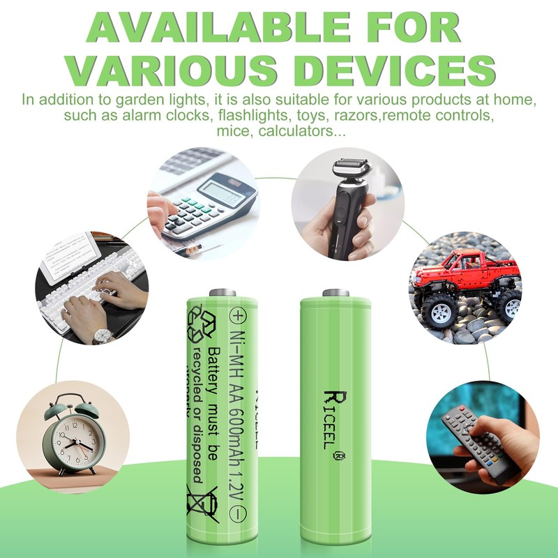 RICEEL Rechargeable AA Batteries for Solar Lights NIMH 600mAh 1.2V