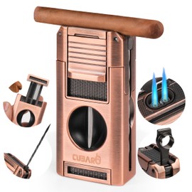 CUBARO Cigar Lighter with V Cutter, Punch, Draw Tool – Dual Torch Flame, Flip Lid Cigar Rest – Refillable Windproof Butane Lighter Gift Set for Men – Bronze Finish (NO Butane)