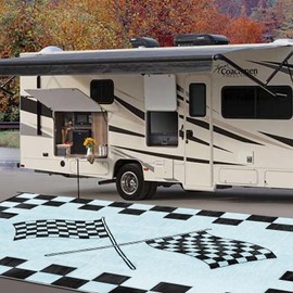 EEZ RV Products 9'x18'cf Heavy Duty Reversible/Durable Outdoor RVing/Boondocking Mats (9ft x18ft Black & White Checker Flag) Come with Large Storage Bag & 6 Sets of Stakes and Washer