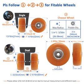 Luggage Wheels Replacement Kit 4PC Diameter 2in/50mm Thick 0.7in/18mm PU Wheels with Ball Bearing 3 Size Axles Full Set Repair Tool for Suitcase Trolley Bag Draw-bar Travel Box