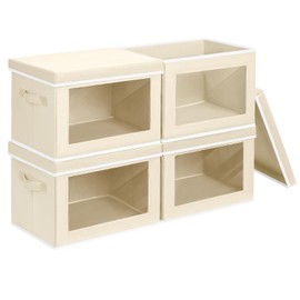 Homsorout Storage Boxes with Lids - 4 Pack Fabric Clear Window Storage Bins, Large Decorative Storage Bins with Handles, Linen Closet Organizer for Clothes, Towel, Blanket, Beige