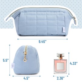 Ms. pen- Aesthetic Quilted Makeup Bag for Women, Dusty Blue, Puffy Padded Cute Makeup Bag Cute, Cosmetic Pouch, Quilted Pouch