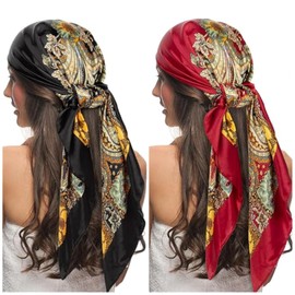 Tapp Collections 2-Pk 35” Silk Like Satin Large Square Head Neck Scarves Hair Sleeping Wraps for Women - Paisley 3 / Black and Red