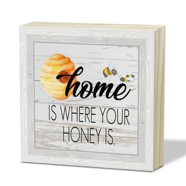 Honey Bee Decor Desk Decor - Home is Where Your Honey is Decor, Gift for Women, Summer Gift for Bee Lovers Farmhouse Garden Decor, Wooden Box Sign Home Office Shelf Wall Decor Wood Block Sign -46
