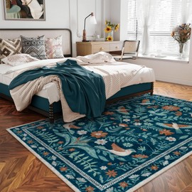 LIVEBOX LIVEBOX Washable 5x7 Area Rug, Soft Boho Dark Green Rug for Bedroom, Non-Slip Vintage Large Living Room Rug, Ultra-Thin Floral Birds Mat Non-Shedding Indoor Carpet for Dining Room Nursery, Green