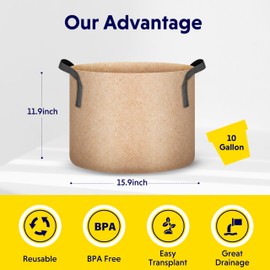 iPower 10-Pack 10 Gallon Plant Bags Heavy Duty Thickened Nonwoven Fabric Potato Growing Pot, Aeration Durable Container with Reinforced Strap Handles, Tan