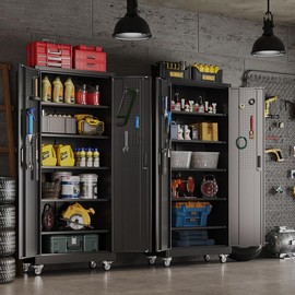 Aobabo Garage Storage Cabinet with Door Pegboard,Lockable Metal Storage Cabinet with 5 Adjustable Shelves for Garage Home,Required Assembly,Black