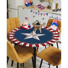 Round Fitted Tablecloth with Elastic, 4th of July Farm Star Round Table Cloth, Waterproof Table Cover for Indoor Outdoor,Holiday,Kitchen,Patio, Independence Day Tablecloths for 36"-44" Round Tables