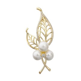GUOXIAOMEI Two Leaves Brooch Pins Zircon CZ Gold Simulated Pearl Exquisite Jewelry for Men Women Scarf Crafts Vintage Dance Party Accessories (Gold)
