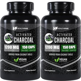 Healthfare Activated Charcoal Capsules 1200mg | 150 Capsules | Derived from Coconut Shells | Highly Absorbent | Non-GMO | Made in The USA (2-Pack) (2)