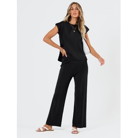 LILLUSORY 2 Piece Outfits for Women Lounge Matching Set Two Piece Knit Tracksuit Sweatsuits Top & Pants Black XL