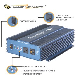 PowerBright 24 Volts Pure Sine Power Inverter 600 Watt, True Sine Continuous 24 Volt DC to 120 Volt AC - Perfect for an Emergency, Hurricane, Storm Outage