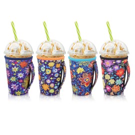 AJLTPA 4Pack Reusable Iced Coffee Sleeve Insulator Sleeves for Cold Drinks Beverages, Neoprene Cup Holder for Most Coffee, Fits 22-24oz Medium Cups (Abstract Flowers with Handle)