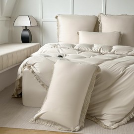Amolavet Boho Tassel Bed Linen 135 x 200 cm Beige Summer Lightweight Breathable Microfibre Bed Linen 2-Piece Set with Zip Duvet Cover 135 x 200 cm + Pillowcase 80 x 80 cm for Single Bed