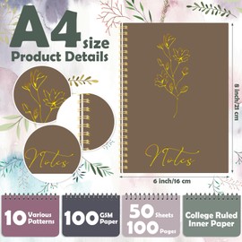 Cholemy 10 Pack Spiral Notebook Aesthetic School Supplies A5 Retro Colors Floral Notebook Writing Journals for Student College Ruled Journals 100 Pages/ 50 Sheets for Women Men Office Gift