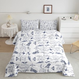 Feelyou Aircraft Bedding Set Kids Airplane Print Comforter Set Boys Girls Decor Aircraft Flying Comforter Cover Set Microfiber Sketch Style Blue White Duvet Set Bedroom Quilt Set Twin Size