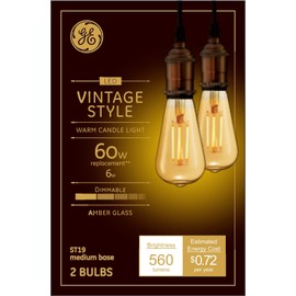 GE Lighting Vintage Edison Style LED Light Bulbs, 6 Watts (60 Watt Equivalent) Warm Candle Light, Amber Glass, Medium Base, Dimmable (2 Pack)
