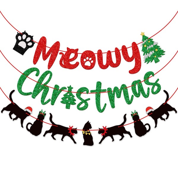 Meowy Christmas Banner, Cat Christmas Decorations, Funny Merry Christmas Banner,