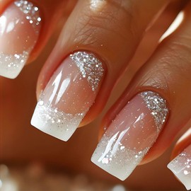 White French Tips Press On Nails Medium Square Glossy Silver Glitter Acrylic False Sparkly Full Cover Fake Gel Glue On for Manicure Stick On for Coquette Women Girls 24Pcs