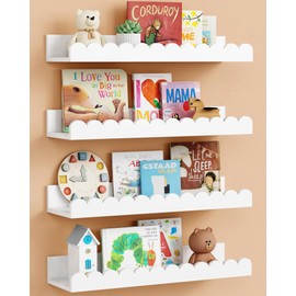 Harwaya Scalloped Nursery Floating Shelves for Wall Set of 4, White Kids Book Shelves Wall Mounted, Cloud Hanging Bookshelf for Baby Toddler Child Girls Boys Room Bathroom Bedroom Toys (Pine Wood)