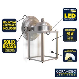 CORAMDEO Outdoor LED Square Coach Light for Porch, Patio, Deck, Barn, Wet Location, Built in LED Gives 75W of Light from 9.5W of Power, 800 Lumens, 3K, Durable Nickel Finish & Clear Glass