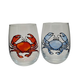 Blue and Red Crab Hand Painted Stemless Wine Glasses Set of 2,Beach Home Decor