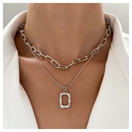 Allereyae Vintage Layered Square Pendant Necklace Hammered Square Necklace Hollow Square Choker Necklace Silver Chunky Paperclip Chain Necklace Jewelry for Women (Silver)