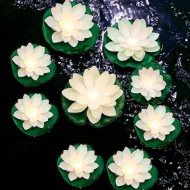 9 Luces Flotantes de Piscina con Pilas Linterna de Flor de Loto LED Luce de Piscina Realista de Espuma Artificial Almohadilla de Velas (Luz Blanca, Amarilla, 3.94 Pulgadas, 5.91 Pulgadas)