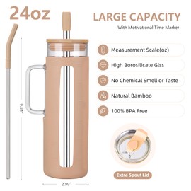 Glass Tumbler with 2 lids & Straw, 24 oz Glass Cups with Bamboo Lids and Handle, Reusable Glass Water Bottle with Silicone Sleeve, Iced Coffee Cup & Smoothie Cup-BPA Free-Dishwasher Safe-1 Pack
