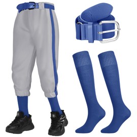 3 Pcs Baseball Combo Set, Knicker Softball Pants, Softball Socks, Baseball Belts for Boys and Girls(4-5 Years,Blue, Gray)