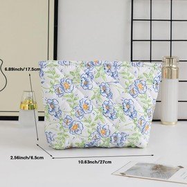 2 Pack Quilted Cotton Makeup Bags for Women,Large Cosmetic Organizer Pouches,Portable Travel Toiletry Bags Cute Small Brushes Storage Pouch Zipper for Purse,Floral Geen Leaves