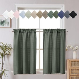 Chyhomenyc Bennet 2 Panels Olive Green Kitchen Curtains 36 Inch Length Tier Curtains, Faux Linen Textured Small Cafe Curtains, Light Filtering Short Window Curtains for Bathroom Basement, 30x36 inch