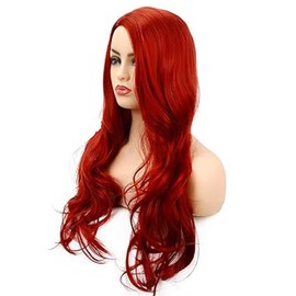 Fsahiuf Women's Red Faux Long Curly Hair Large Wavy Curls 24 Inch Synthetic Wig Everyday Party Anime Cos Wig Masquerade Party