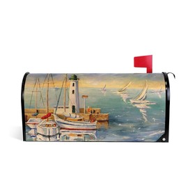 WOOR Seascape with Boats and Lighthouse Magnetic Mailbox Cover MailWraps Garden Yard Home Decor for Outside Standard Size-18"x 20.8"
