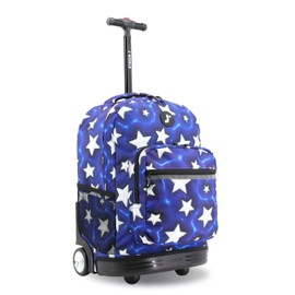 J World New York Sunrise Kids Rolling Backpack for Girls Boys Teen. Roller Bookbag with Wheels, Puffy Star, 18"