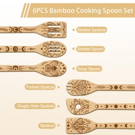 GLOBLELAND 6Pcs Moon Moth Wooden Spoons Utensil Set Moon Phases Bamboo Carving Kitchen Cooking Utensils Wooden Engraved Cooking Spatula Set for Kitchen Fun House Warming Gift