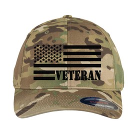 Veteran American Flag Embroidered Flex Fitted Hat. Custom Embroidered Baseball Cap (S/M, Multicam)