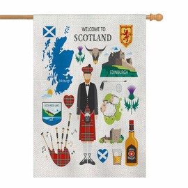AOYEGO Welcome to Scotland House Flag 28 x 40 Inch Large Vertical Double Sided Travel Collection Scotsman Kilt Icon Map Thistle Seasonal Outside Décor for Garden Yard Farmhouse Flags