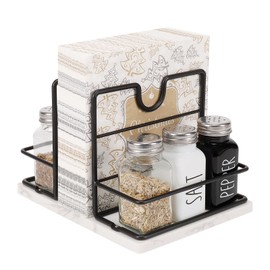 Livabber Napkin Holder, Metal Napkin Storage with Salt and Pepper Shakers Caddy Modern Napkin Dispenser for Table Kitchen Countertop, Not Including Salt and Pepper Shakers (Large Marble, Black)