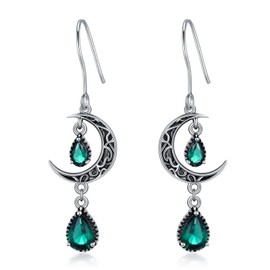VONALA Crescent Moon Earrings 925 Sterling Silver Celtic Moon Dangle Drop Earrings Emerald Dangling Earrings Celtic Jewelry Gifts for Women Teens Girls