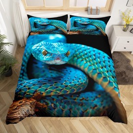 Castle Fairy Blue Snake Duvet Cover for Boys & Girls - 3D Reptile Comforter Cover, Full Size, Snake Skin Printed Bedding Set, Palm Leaf Bedclothes with Zipper